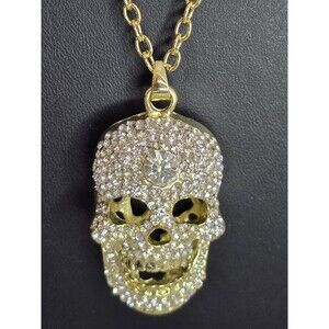 Gold Tone Rhinestone Skull Pendant Necklace Gothic Glam Statement Jewelry #309